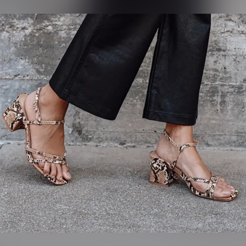 Lulus Fanny Tan Snake Embossed Strappy High Heel Sandals Womens Size 7.5 New